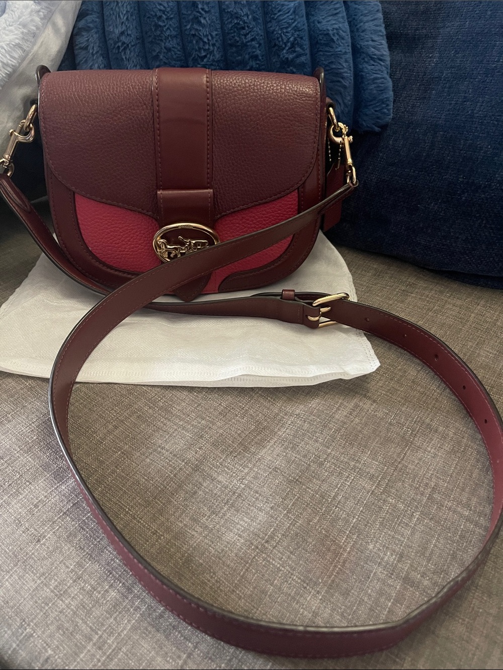 Coach Two-Tone Burgundy & Pink Leather Georgie Saddle Crossbody - Picture 6 of 13